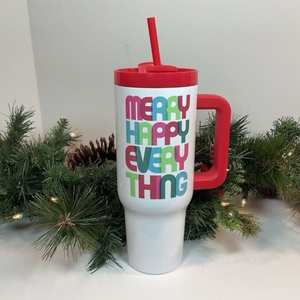 NEW Holiday Tumbler "Merry Happy Everything" Stainless Straw Lid Christmas